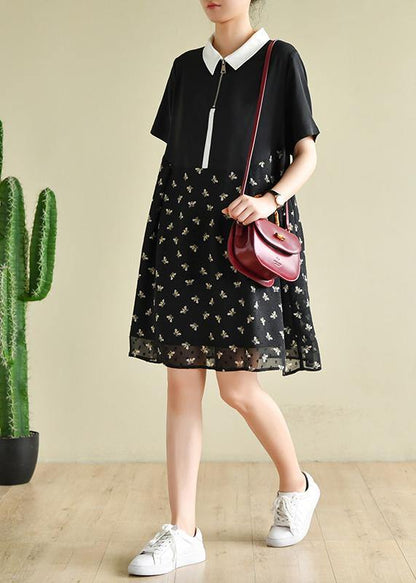 Diy Black Bee Print Lapel Patchwork Short Summer Dress