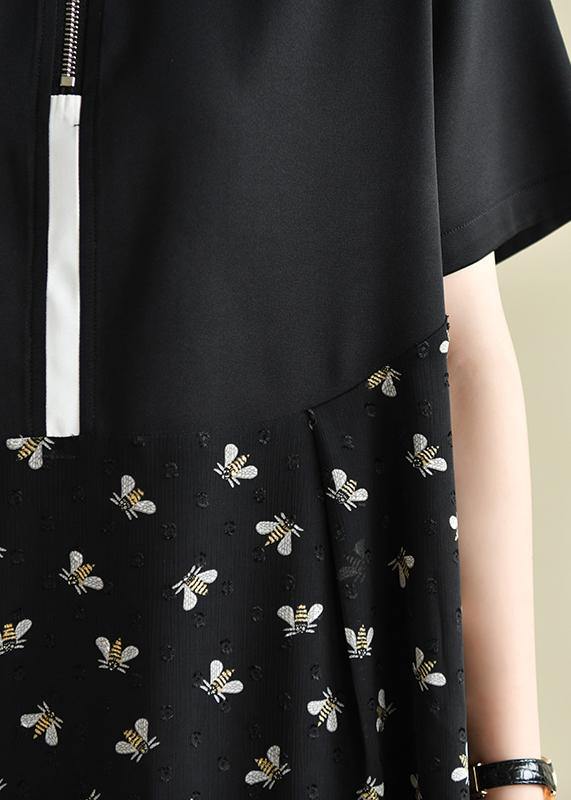 Diy Black Bee Print Lapel Patchwork Short Summer Dress