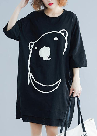 Diy Black Cartoon Print Cotton Tunics O Neck Art Summer Dress