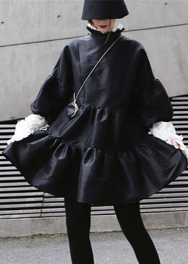 Diy Black Cotton Tunics Lantern Sleeve Elastic Waist Dress