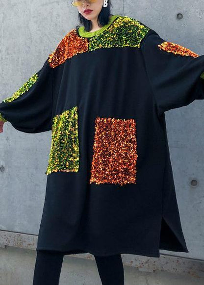 Diy Black Sequined Decorated Cotton Dresses Patchwork Long Winter Dresses