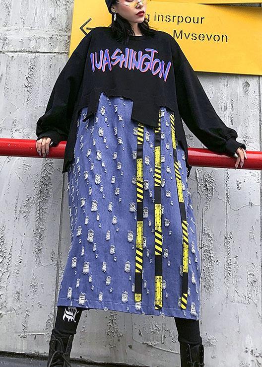 Diy Black Alphabet Cotton Tunic O Neck Patchwork Kaftan Dresses