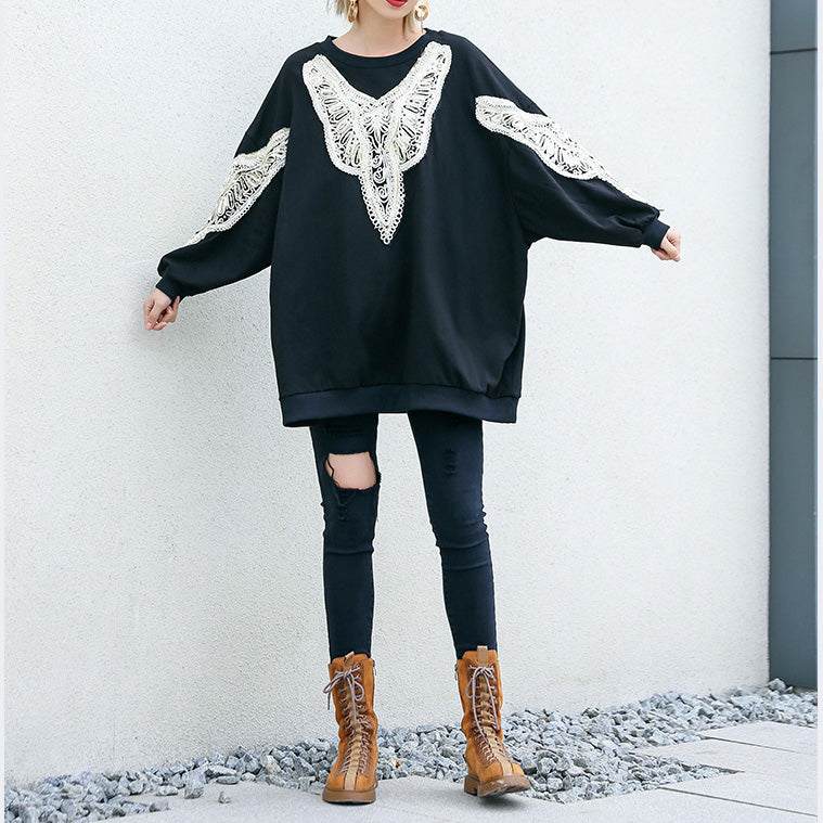 DIY black cotton Tunic Fine Inspiration o neck embroidery Plus Size Clothing shirt