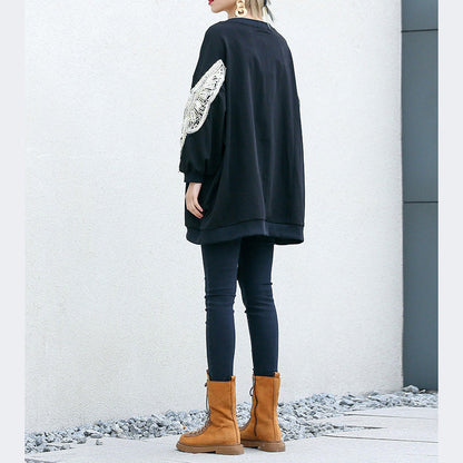 DIY black cotton Tunic Fine Inspiration o neck embroidery Plus Size Clothing shirt