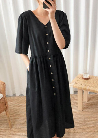 Diy Black Cotton Linen Long Shirts V Neck Flare Sleeve Art Summer Dresses