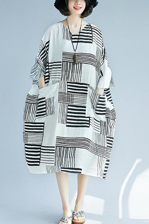 Diy Black Cotton Linen Clothes Korea Design O Neck Pockets Knee Summer Dresses