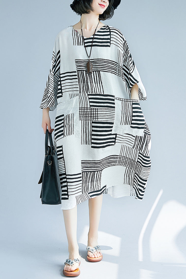 Diy Black Cotton Linen Clothes Korea Design O Neck Pockets Knee Summer Dresses