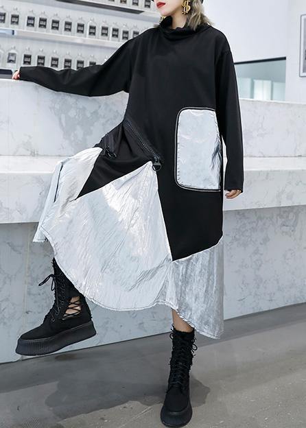 Diy Black Cotton Quilting Clothes Patchwork High Neck Maxi Dress