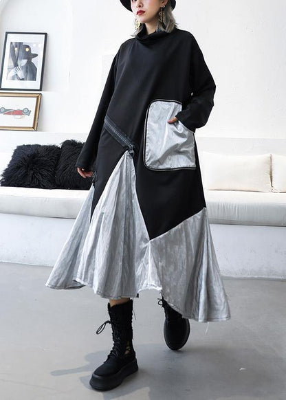 Diy Black Cotton Quilting Clothes Patchwork High Neck Maxi Dress