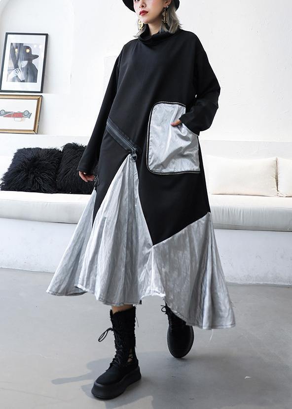 Diy Black Cotton Quilting Clothes Patchwork High Neck Maxi Dress