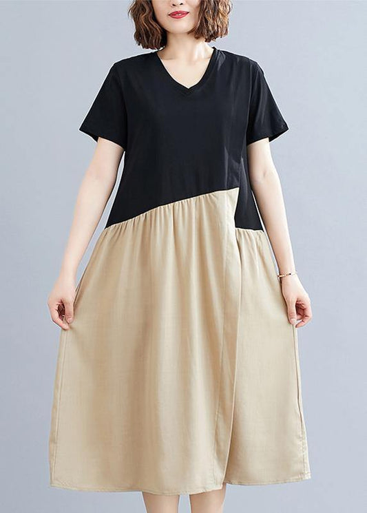 Diy Black Patchwork Khaki Cotton Clothes for O Neck a Line Dresses
