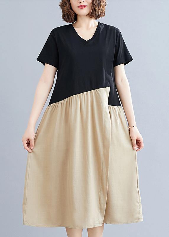 Diy Black Patchwork Khaki Cotton Clothes for O Neck a Line Dresses