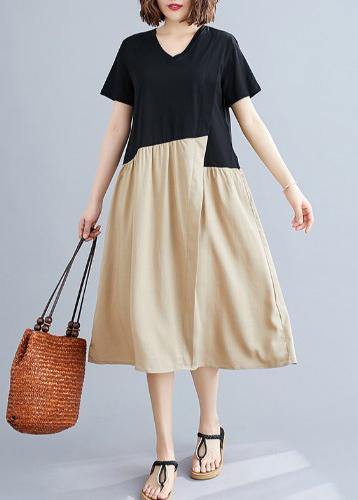 Diy Black Patchwork Khaki Cotton Clothes for O Neck a Line Dresses
