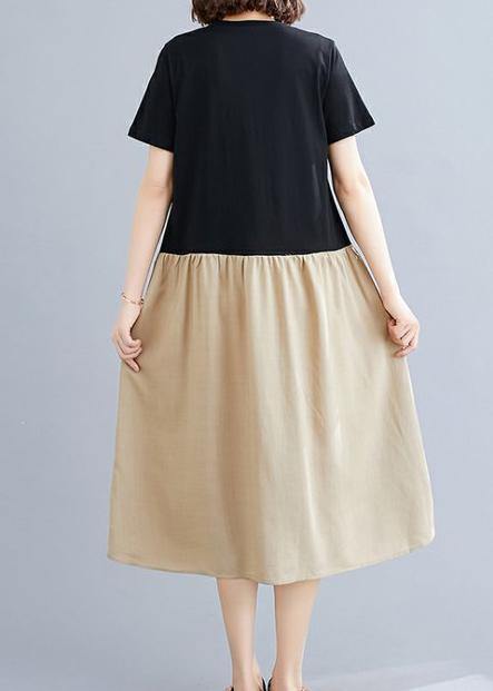 Diy Black Patchwork Khaki Cotton Clothes for O Neck a Line Dresses