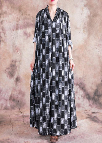 Diy Black Patchwork White Linen Wardrobes V Neck Asymmetric Long Fall Dress