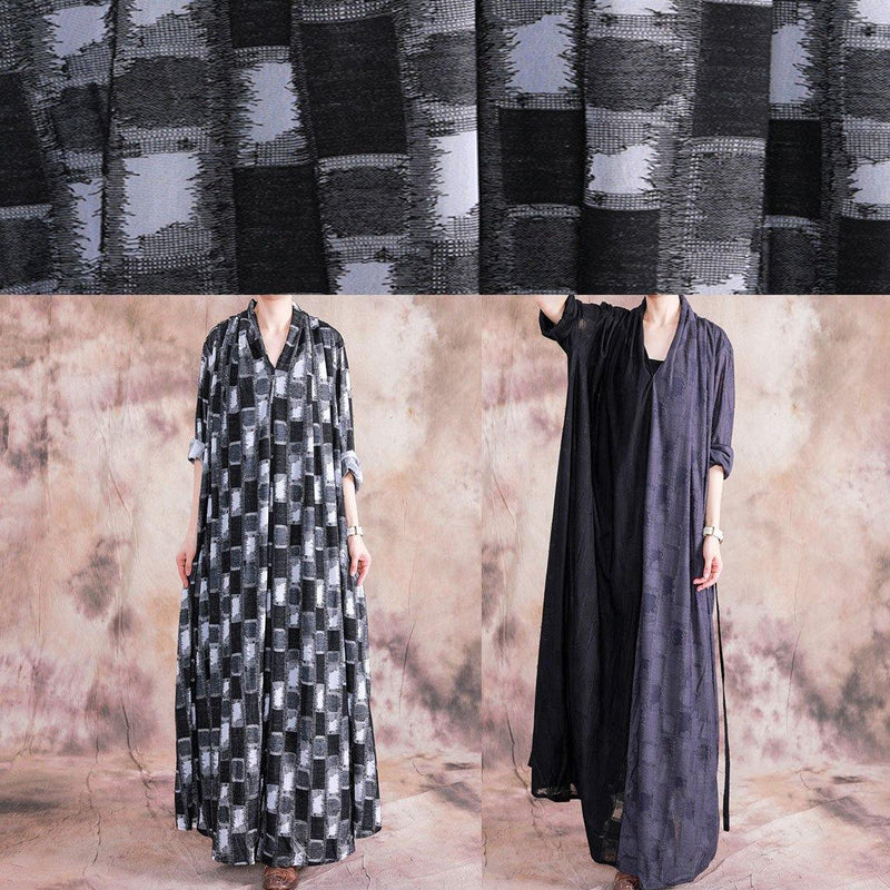 Diy Black Patchwork White Linen Wardrobes V Neck Asymmetric Long Fall Dress