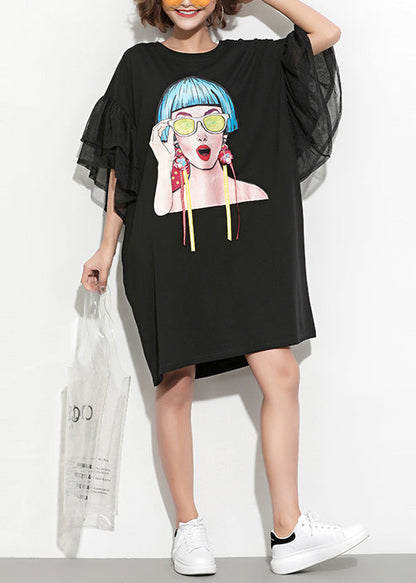 Diy Black Print Cotton Tunics Fun Inspiration O Neck Butterfly Sleeve Daily Summer Dress
