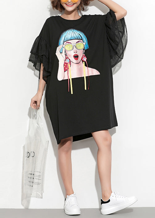 Diy Black Print Cotton Tunics Fun Inspiration O Neck Butterfly Sleeve Daily Summer Dress