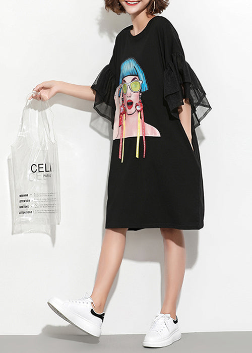 Diy Black Print Cotton Tunics Fun Inspiration O Neck Butterfly Sleeve Daily Summer Dress