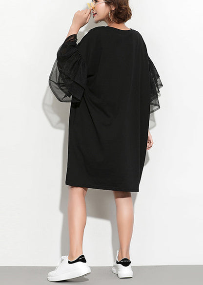 Diy Black Print Cotton Tunics Fun Inspiration O Neck Butterfly Sleeve Daily Summer Dress