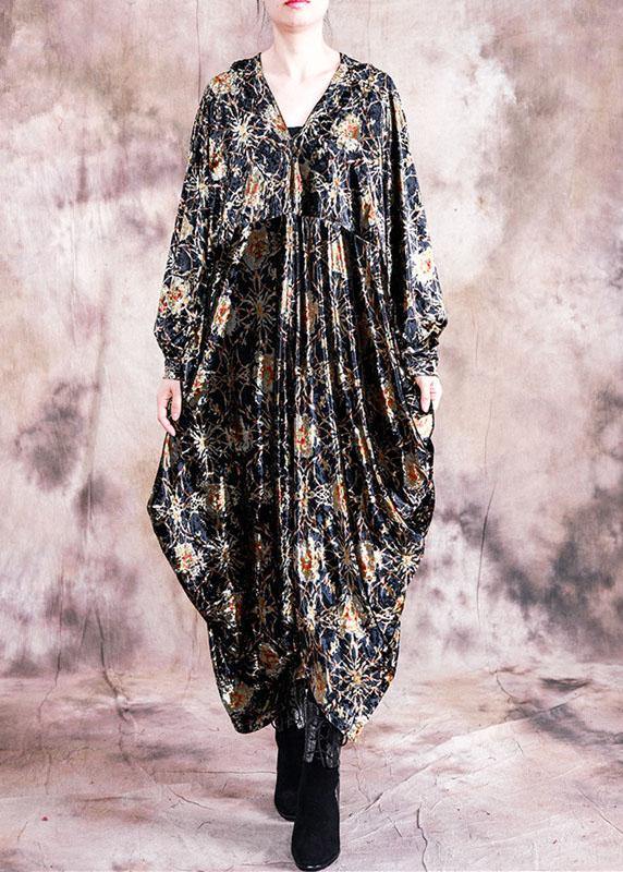 Diy Black Print Dresses V Neck Asymmetric Art Fall Dress