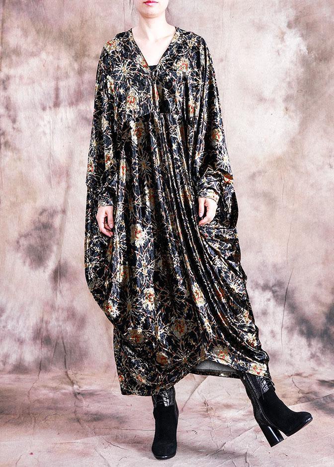 Diy Black Print Dresses V Neck Asymmetric Art Fall Dress