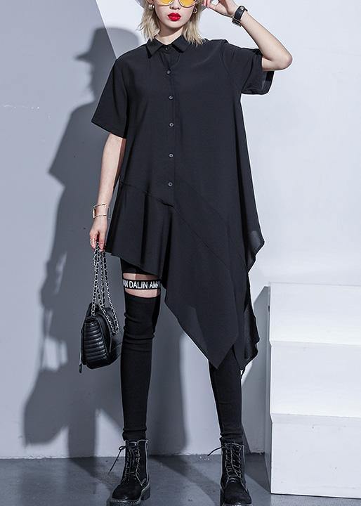 Diy Black Silk Cotton Tunics Lapel Asymmetric Cotton Summer Shirt Dresses