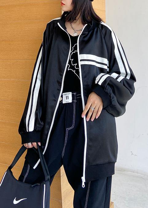 Diy Black Striped Fine Tunic Pattern Inspiration Stand Collar Zippered Outwear
