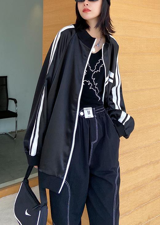 DIY black striped Fine tunic pattern Inspiration stand collar zippered  outwear