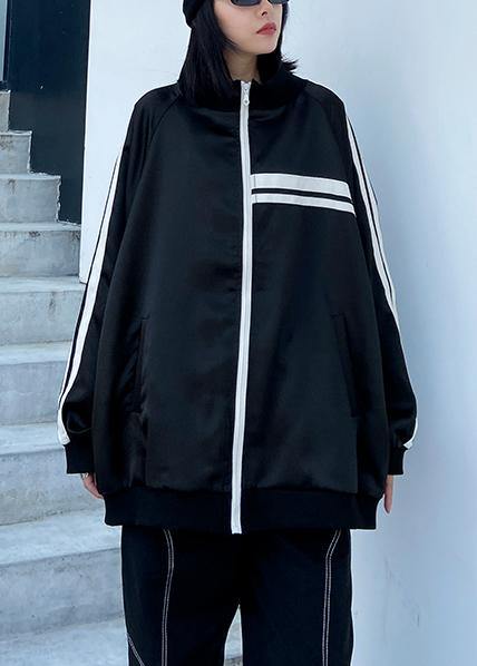 Diy Black Striped Fine Tunic Pattern Inspiration Stand Collar Zippered Outwear