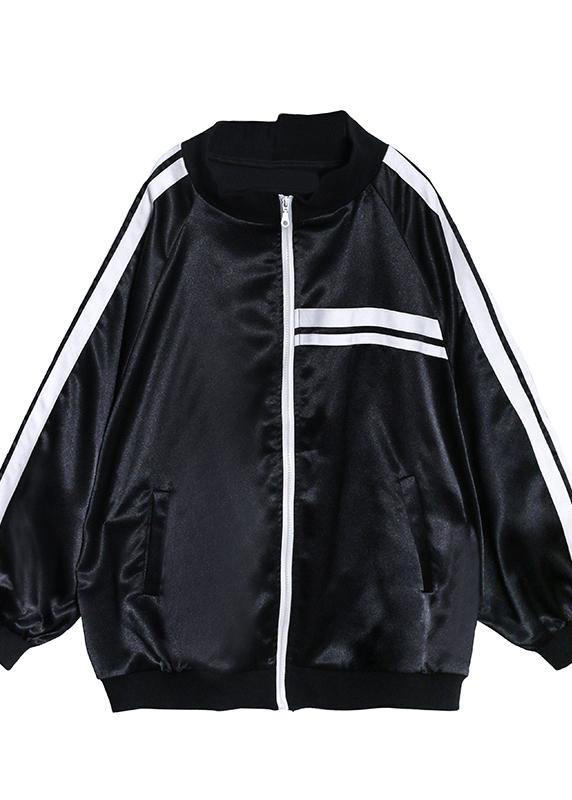 DIY black striped Fine tunic pattern Inspiration stand collar zippered  outwear