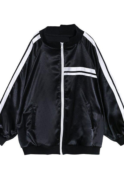 DIY black striped Fine tunic pattern Inspiration stand collar zippered  outwear