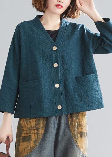 DIY blackish green cotton clothes For Women v neck pockets silhouette spring blouse