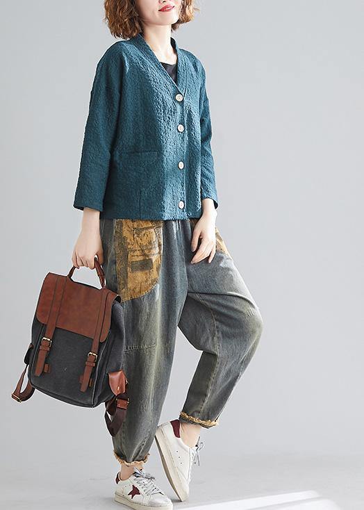 DIY blackish green cotton clothes For Women v neck pockets silhouette spring blouse