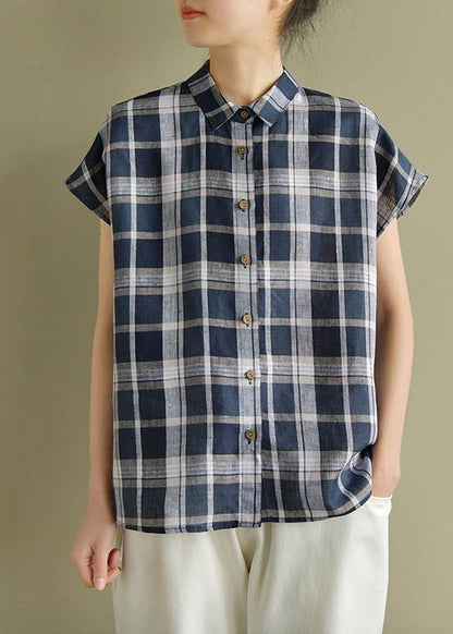 Diy Blue Gray Plaid Linen Clothes for Lapel Loose Summer Top