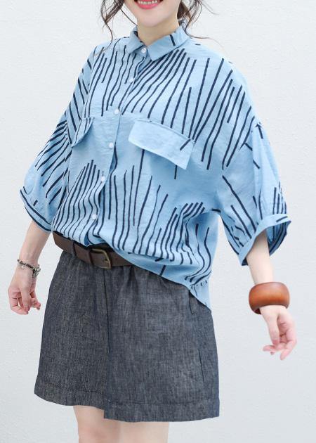 Diy Blue Half Sleeve Cotton Blouse Asymmetric Striped Silhouette Summer Tops