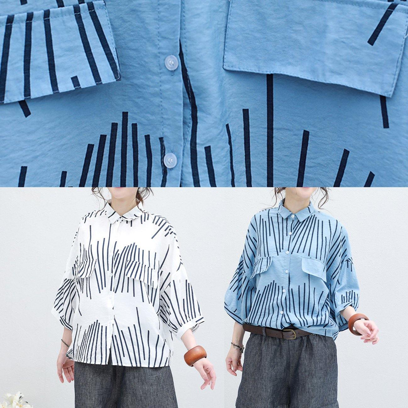 Diy Blue Half Sleeve Cotton Blouse Asymmetric Striped Silhouette Summer Tops