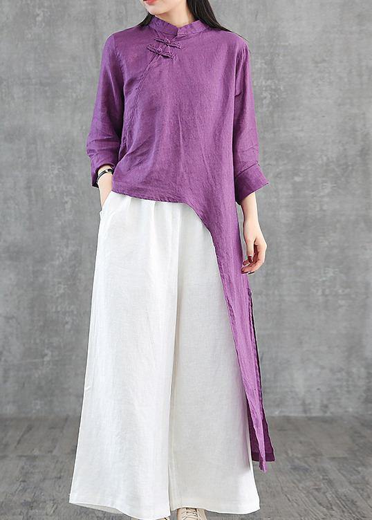 Diy Blue Linen Robes Stand Collar Asymmetric Robe Dress