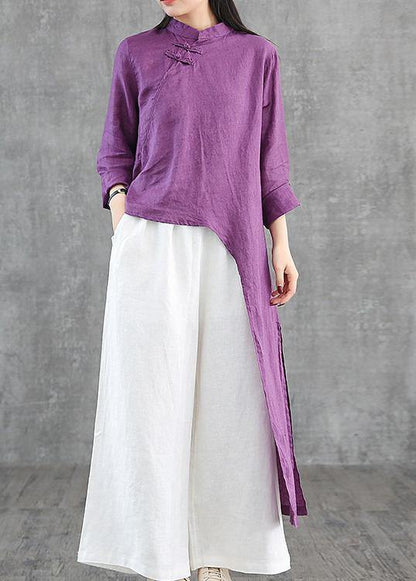 Diy Blue Linen Robes Stand Collar Asymmetric Robe Dress