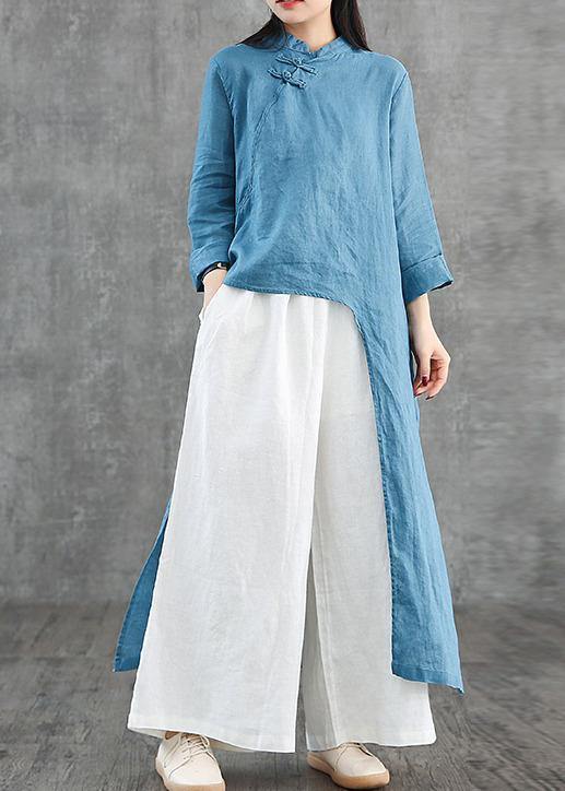 Diy Blue Linen Robes Stand Collar Asymmetric Robe Dress