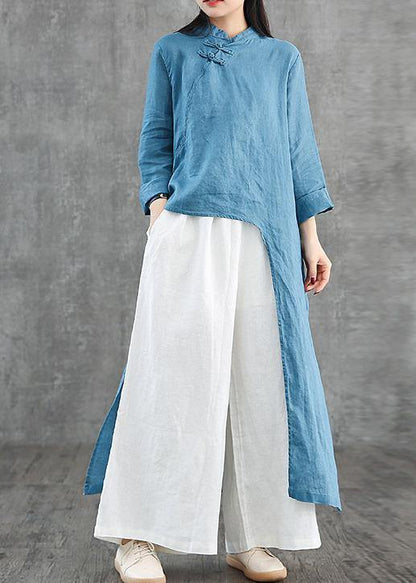 Diy Blue Linen Robes Stand Collar Asymmetric Robe Dress