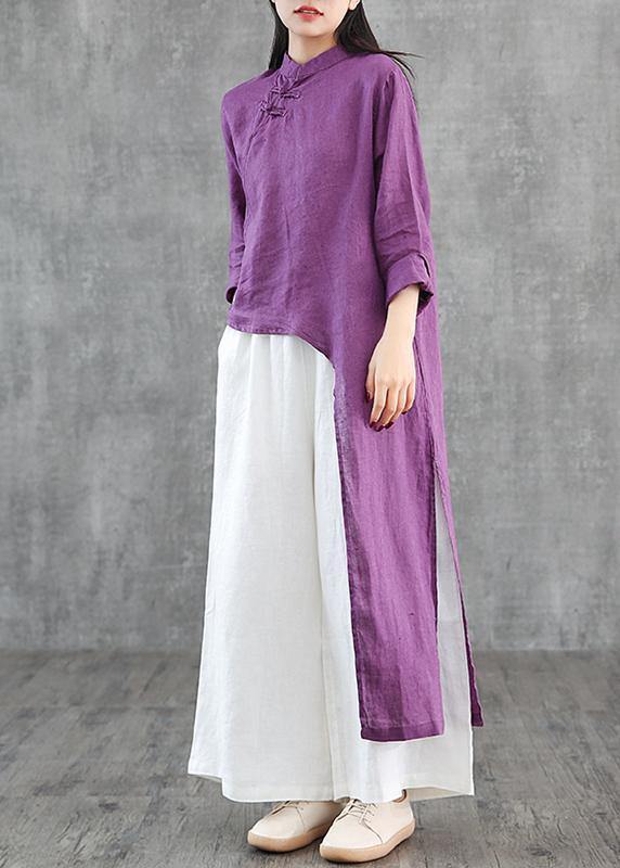 Diy Blue Linen Robes Stand Collar Asymmetric Robe Dress