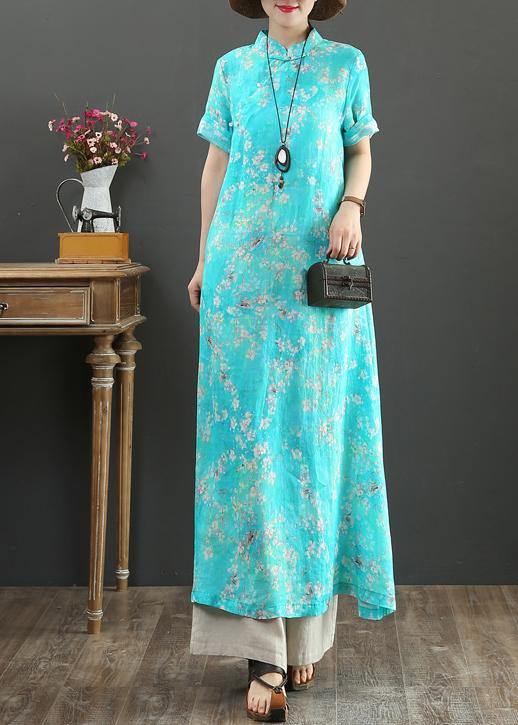 Diy Blue Print Linen Robes Stand Collar Chinese Button Love Summer Dress