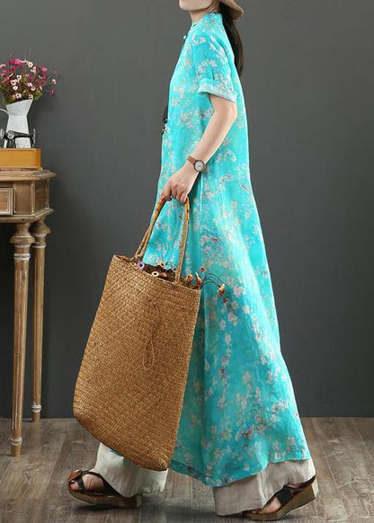 Diy Blue Print Linen Robes Stand Collar Chinese Button Love Summer Dress