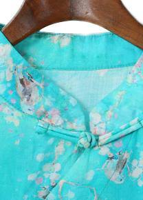 Diy Blue Print Linen Robes Stand Collar Chinese Button Love Summer Dress
