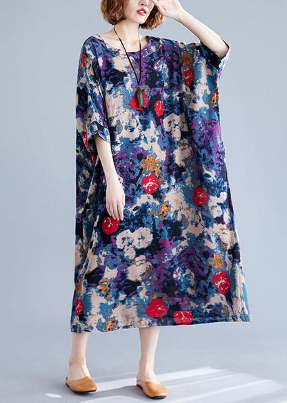 Diy Blue Prints Linen Long Shirts O Neck Love Summer Dresses