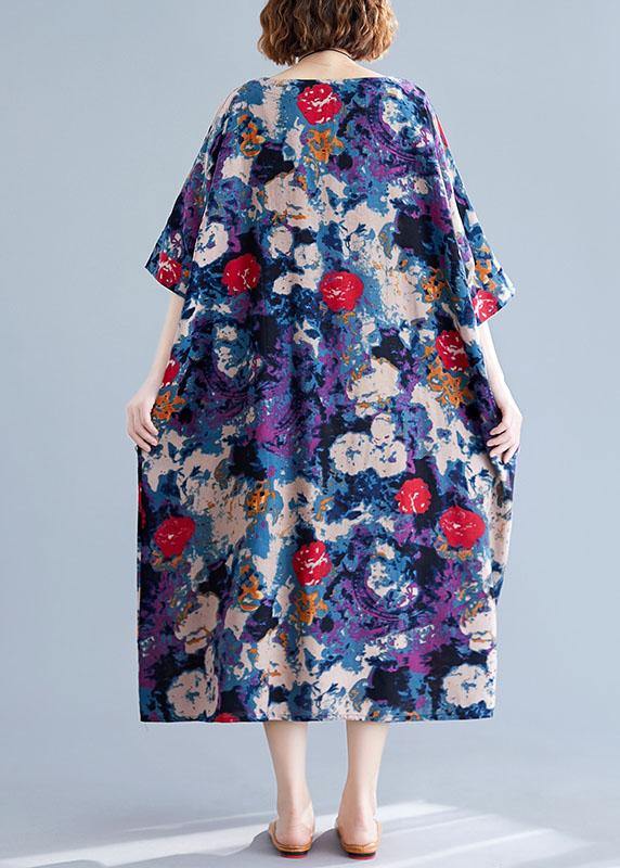 Diy Blue Prints Linen Long Shirts O Neck Love Summer Dresses