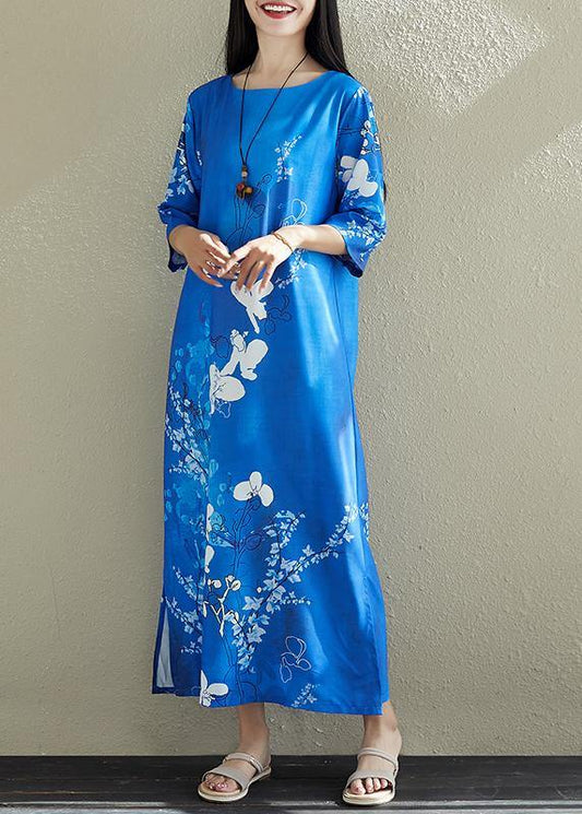 Diy Blue Prints Chiffon Clothes for Stitches Wardrobes Side Open Dresses