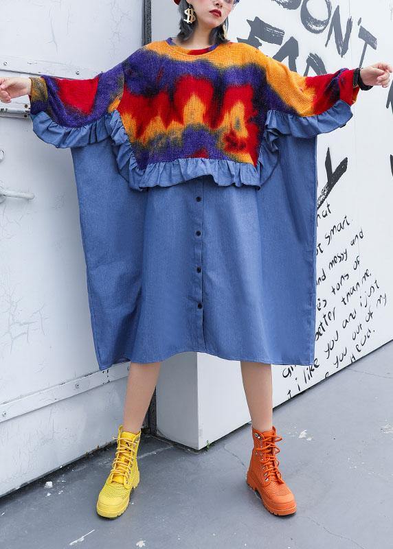 Diy Blue Ruffles Cotton Dresses Patchwork Fall Dresses