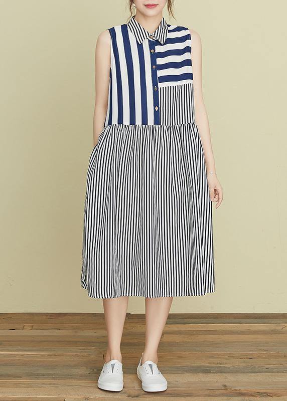 Diy Blue Striped Robes Lapel Sleeveless Kaftan Summer Dress